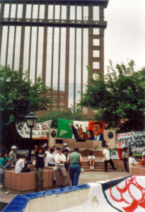 A protest at the American side of the Rio Grande